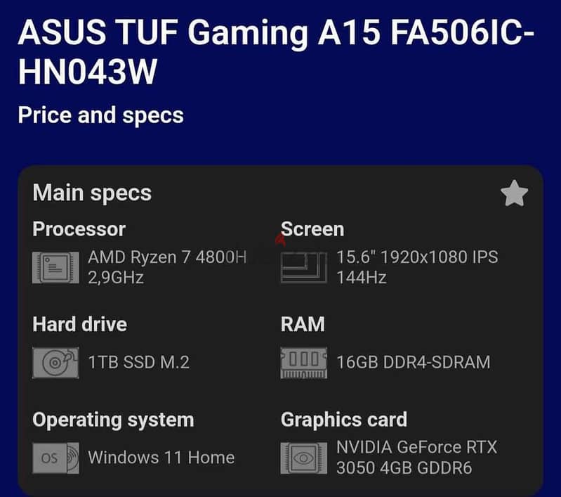 ASUS TUF A15 - RYZEN 7 4800, 16GBDDR4, 5