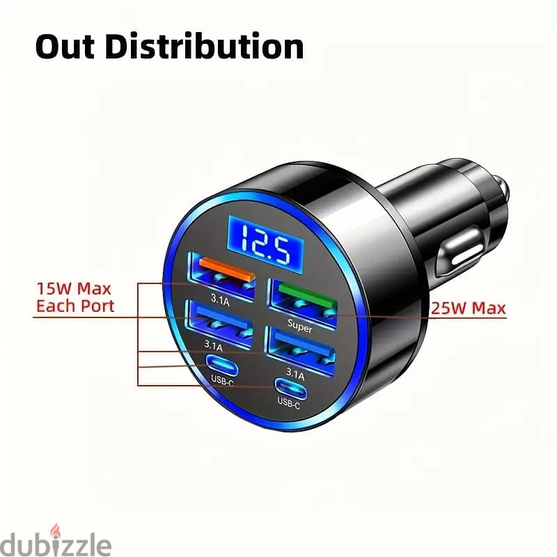 XJDR Multi Port 2PD 4USB Car Charger Fast Charging PD QC3.0 USB C 1