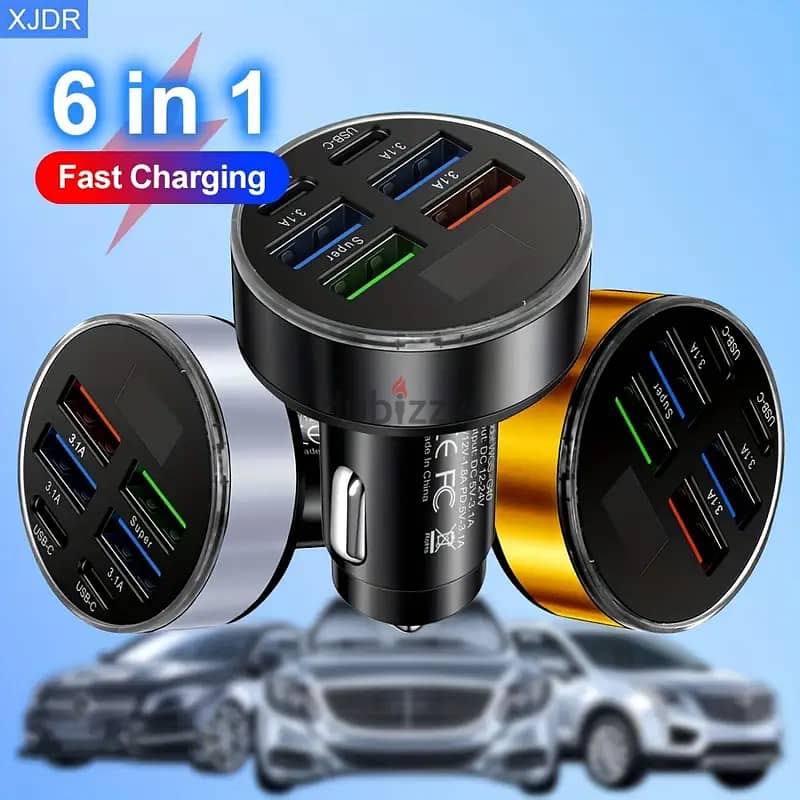 XJDR Multi Port 2PD 4USB Car Charger Fast Charging PD QC3.0 USB C 3