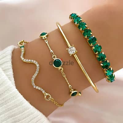 4pcs/Set Elegant Green Imitation Gemstone Rhinestone Claw Chain Snake