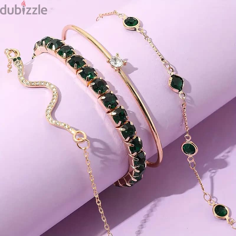 4pcs/Set Elegant Green Imitation Gemstone Rhinestone Claw Chain Snake 3