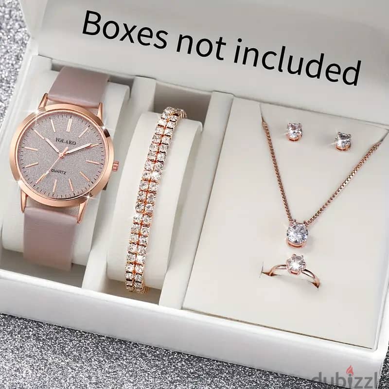 Women's Casual Quartz Watch with Frosted Scale Dial + Jewelry Set 6pcs 0