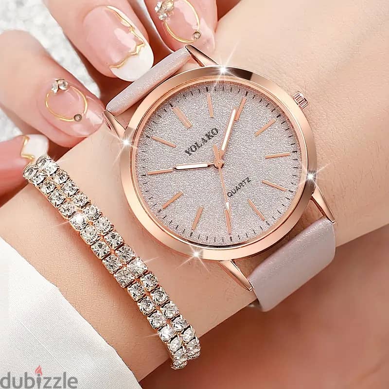 Women's Casual Quartz Watch with Frosted Scale Dial + Jewelry Set 6pcs 1