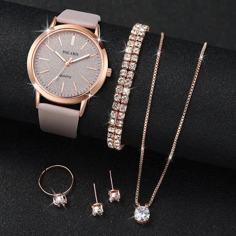 Women's Casual Quartz Watch with Frosted Scale Dial + Jewelry Set 6pcs 2