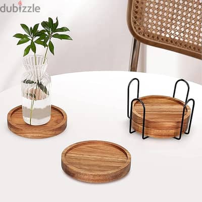 Wooden Round Coasters with Metal Holder, Beverage Table Natural Acacia