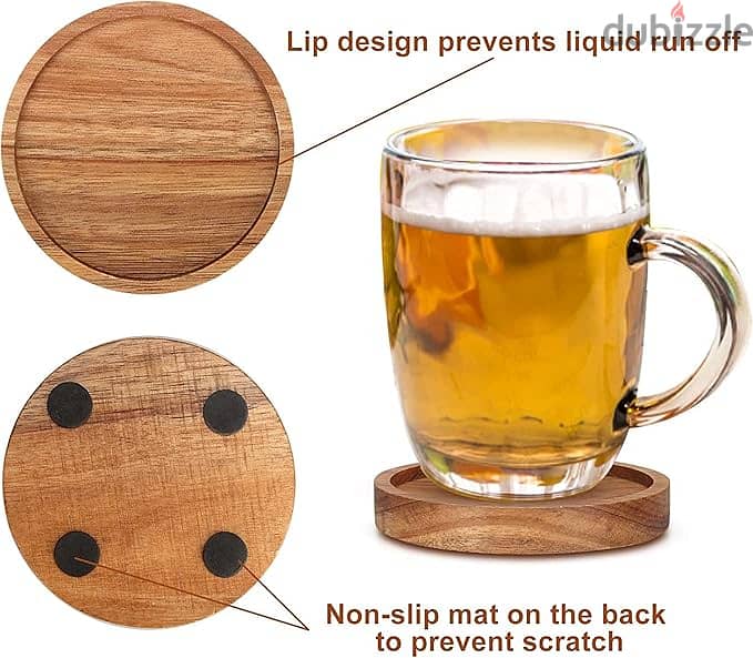 Wooden Round Coasters with Metal Holder, Beverage Table Natural Acacia 2