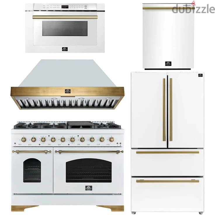 FORNO Antico appliance package features a 48" gas range, matching hood 1