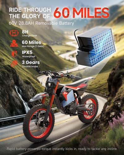 Electric Dirt Bike 4500W Peak Electric Motorcycle 60V 28.8AH 50MPH 17"