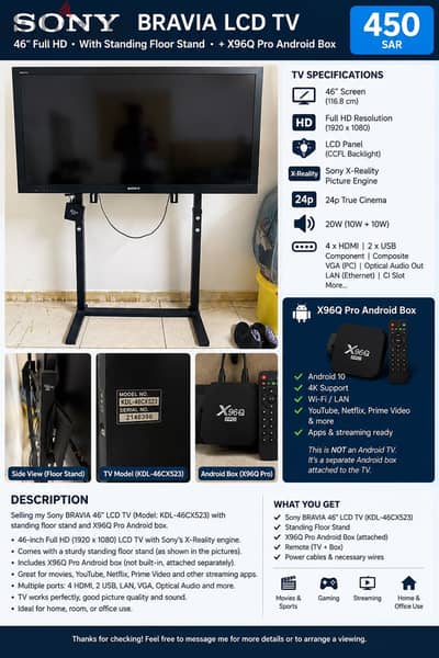Sony BRAVIA 46” Full HD LCD TV + Floor Stand + X96Q Pro Android Box