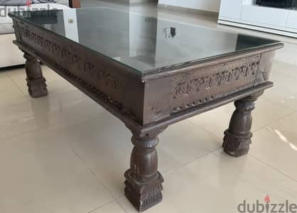 Large Hand-Carved Solid Wood Coffee Table with Glass Top