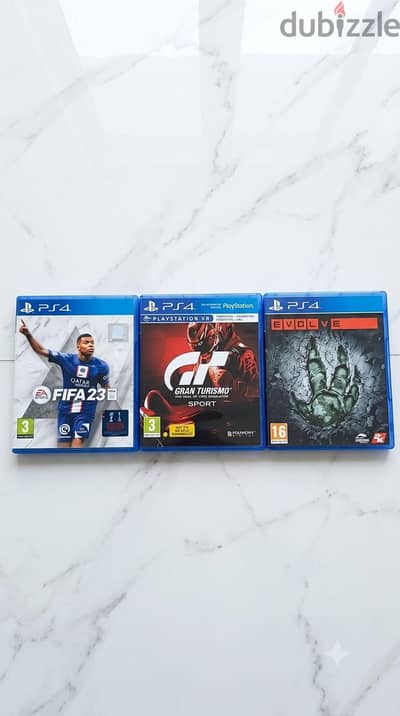 PS4 PHYSICAL DISK : FIFA 23, Gran Turismo Sport (VR) & Evolve