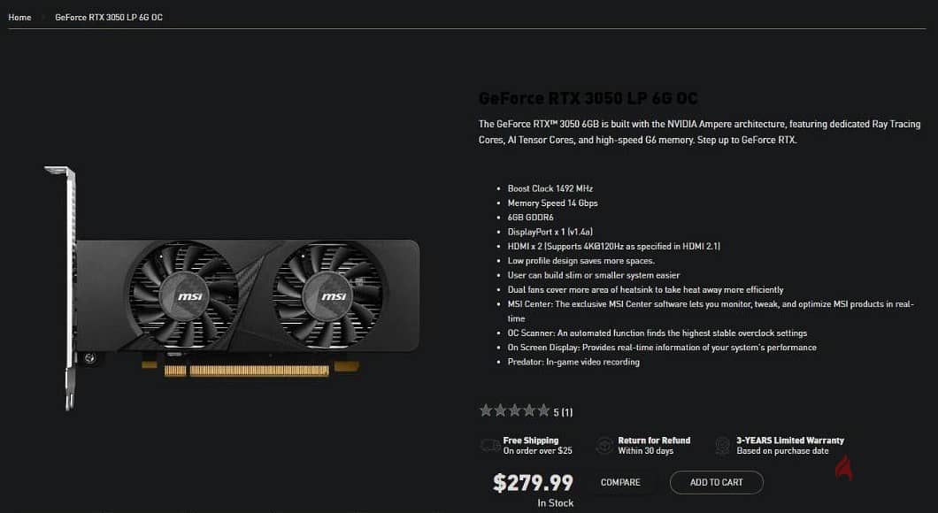 كرت شاشة MSI RTX 3050 6GB LP Graphics Card شبه جديد 1