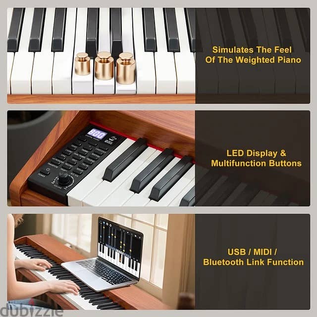 Brown 88Keys Digital Piano Semi Weighted Electric Keyboard,3Pedal,USB/ 3