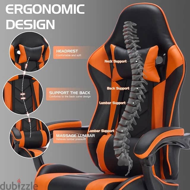 ErgonomicGaming Chair w/ Footrest Headrest Lumbar Support AdjustableBl 2
